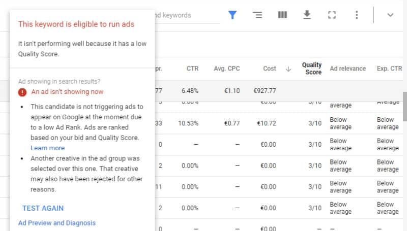find and improve low quality score keywords in adwords campaigns